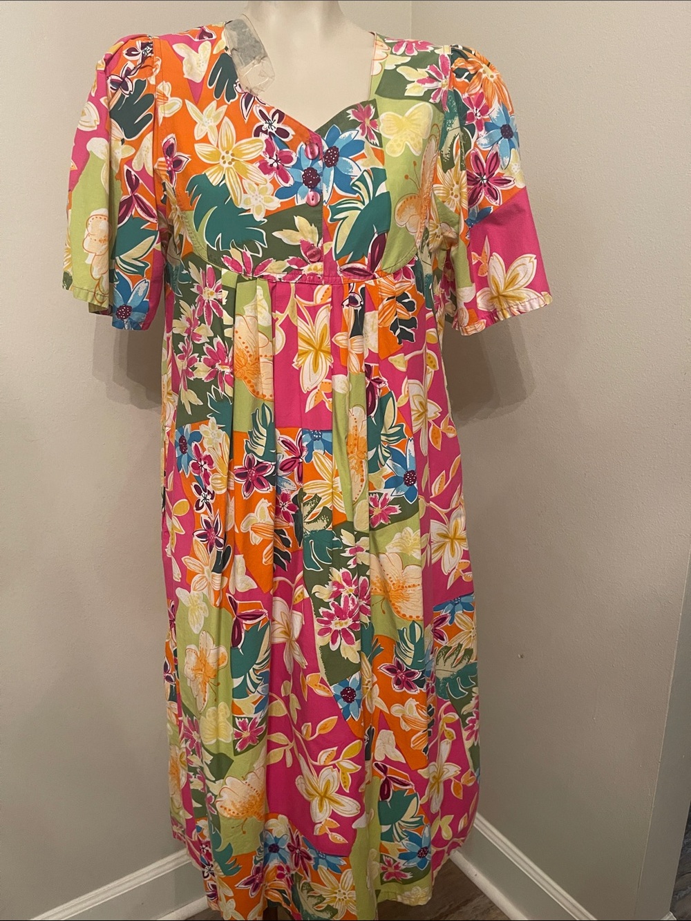 Bright Tropical Floral Midi Dress in Pink, Orange & Green